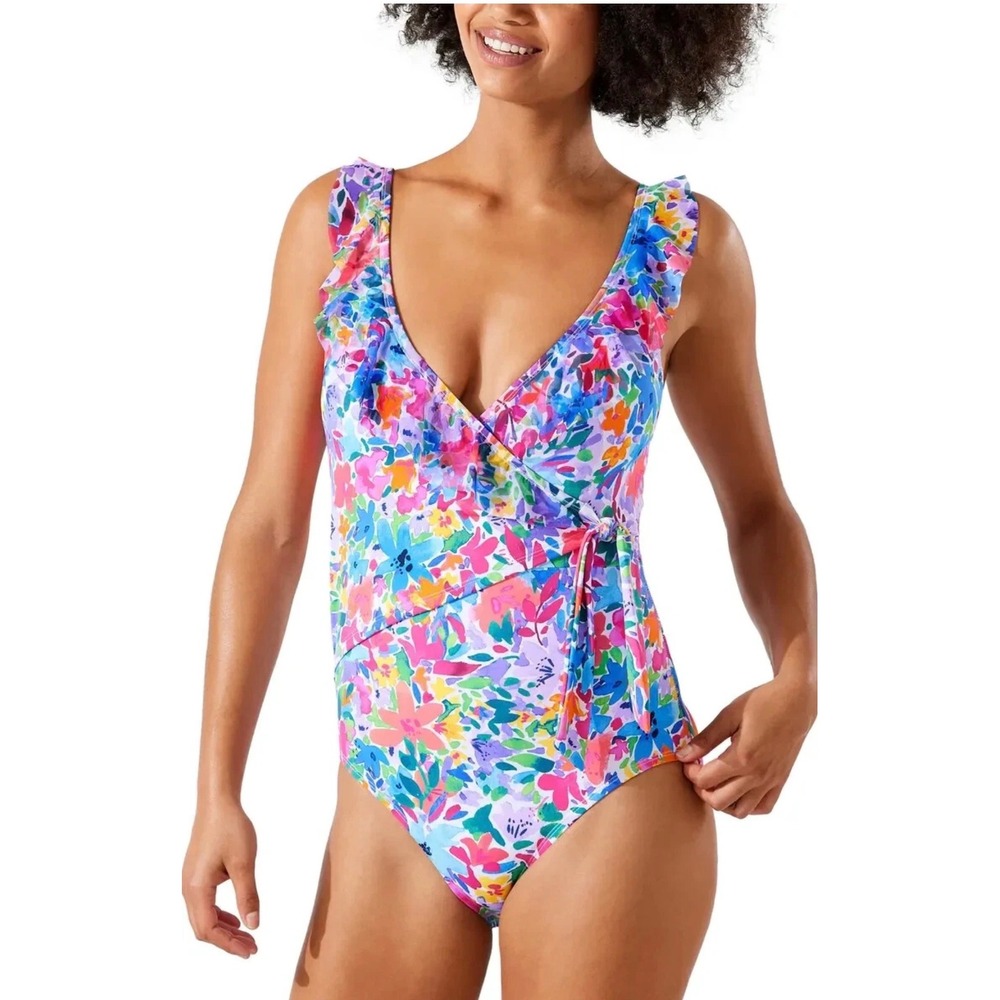 Tommy Bahama Watercolor Floral Wrap One-Piece‎ Swimsuit Ruffle One Size 10